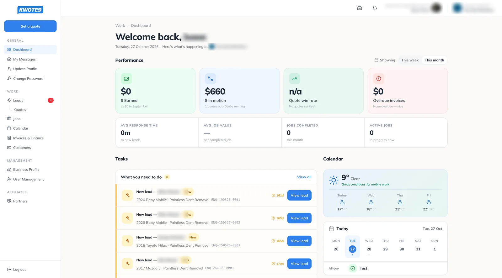 The service provider dashboard: performance, new leads to action and the calendar