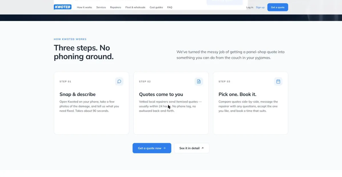 Kwoted landing page section explaining how it works