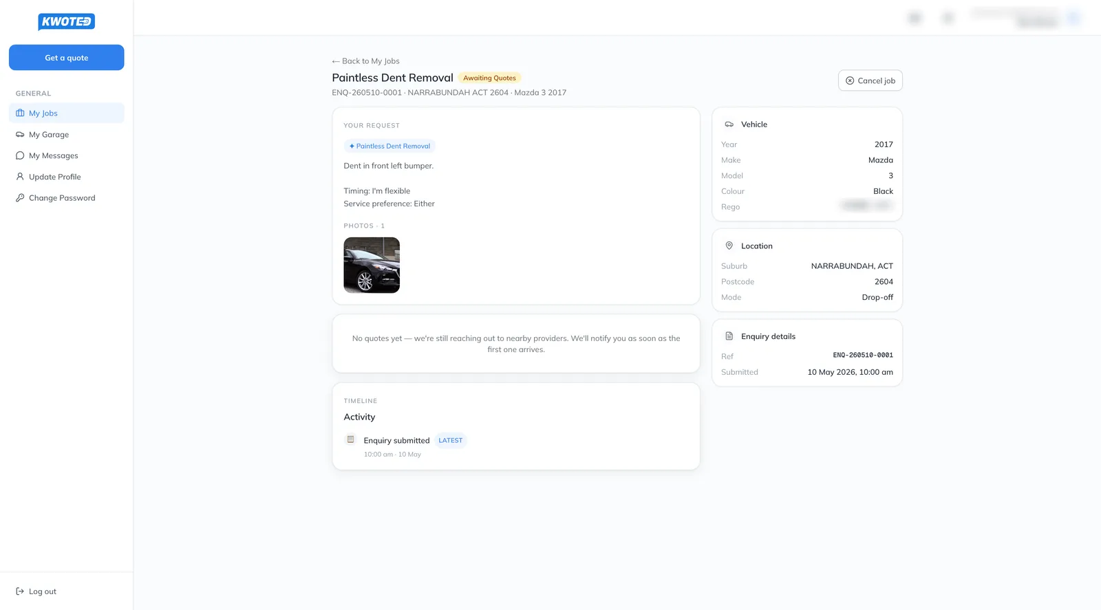 The customer portal: a job awaiting quotes, with the vehicle, photos and timeline