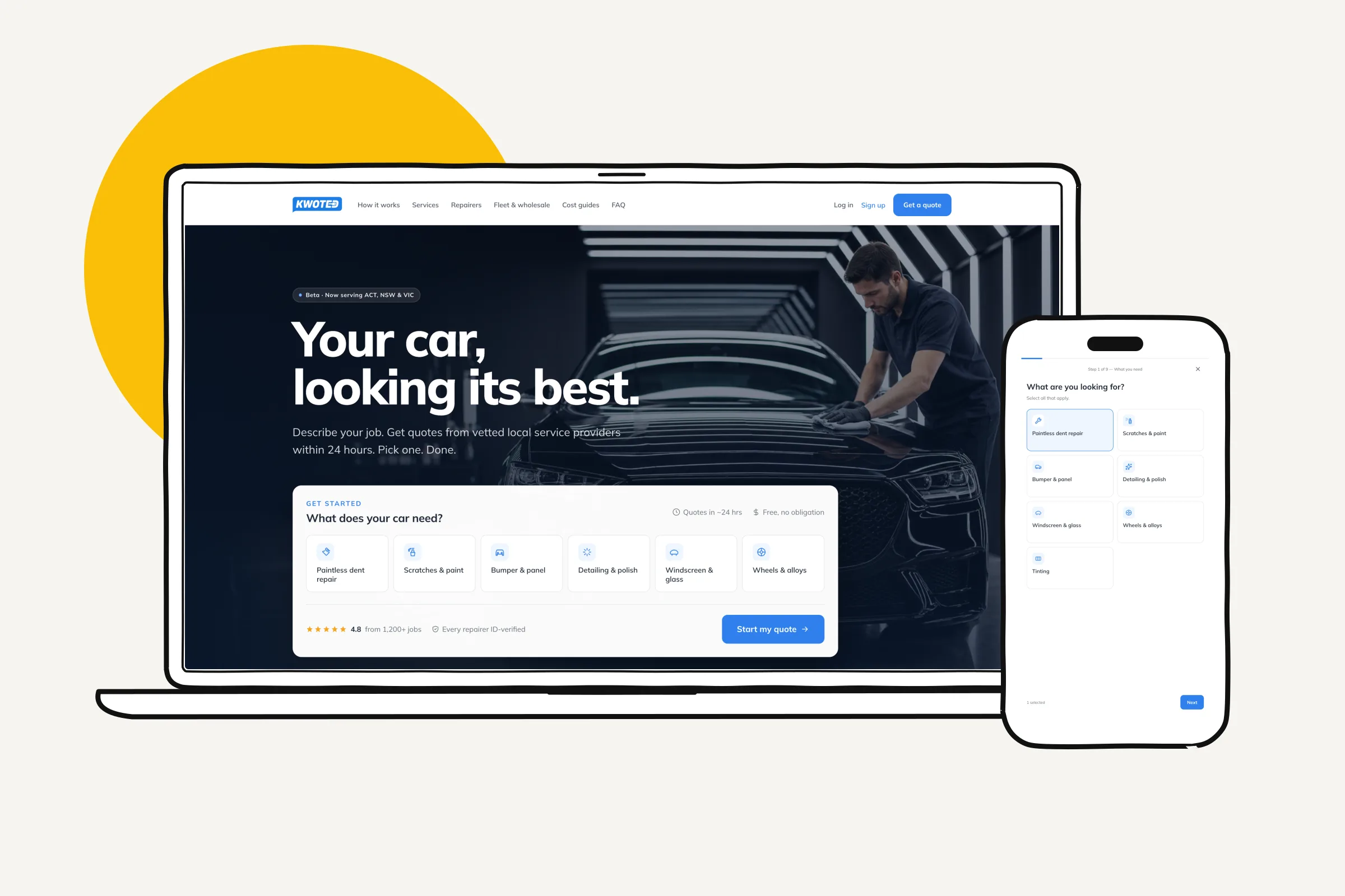 Kwoted on a laptop and a phone: the home page and the first step of the guided quote form