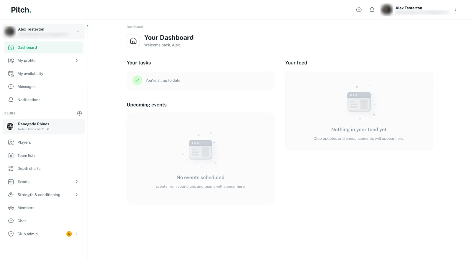 A member’s dashboard: tasks, upcoming events and the club feed