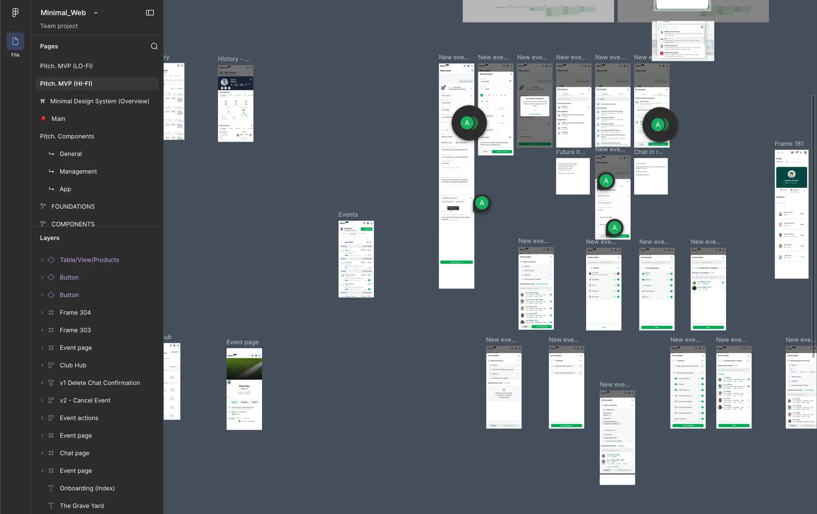 The Pitch design file: low- and high-fidelity designs of the first release, the design system and the component library