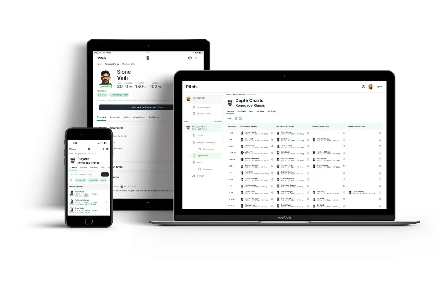 The Pitch app on a phone, tablet and laptop