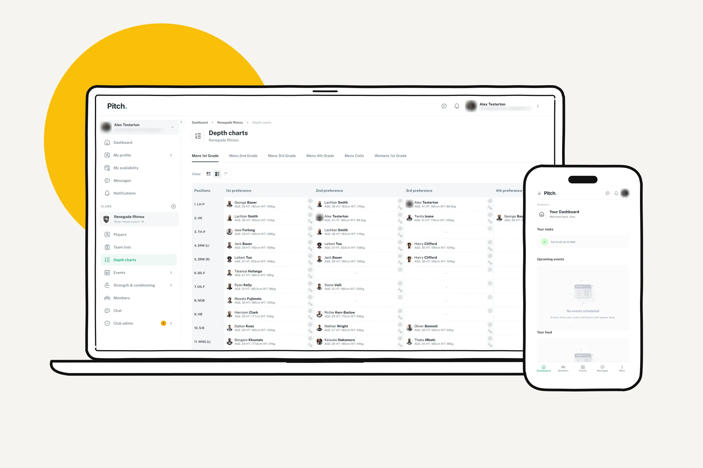 Pitch on a laptop and a phone: a team’s depth chart, and the member dashboard