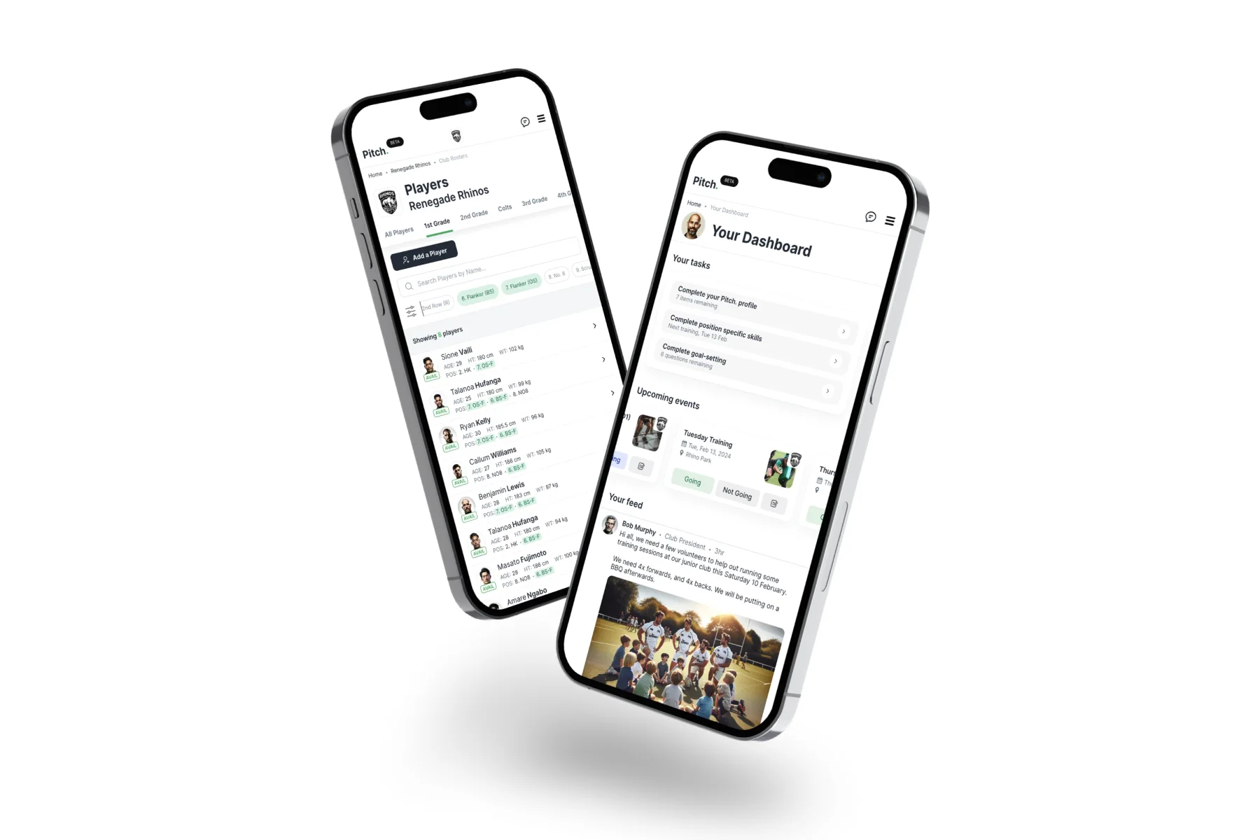 Pitch on two phones: the players list and a member dashboard