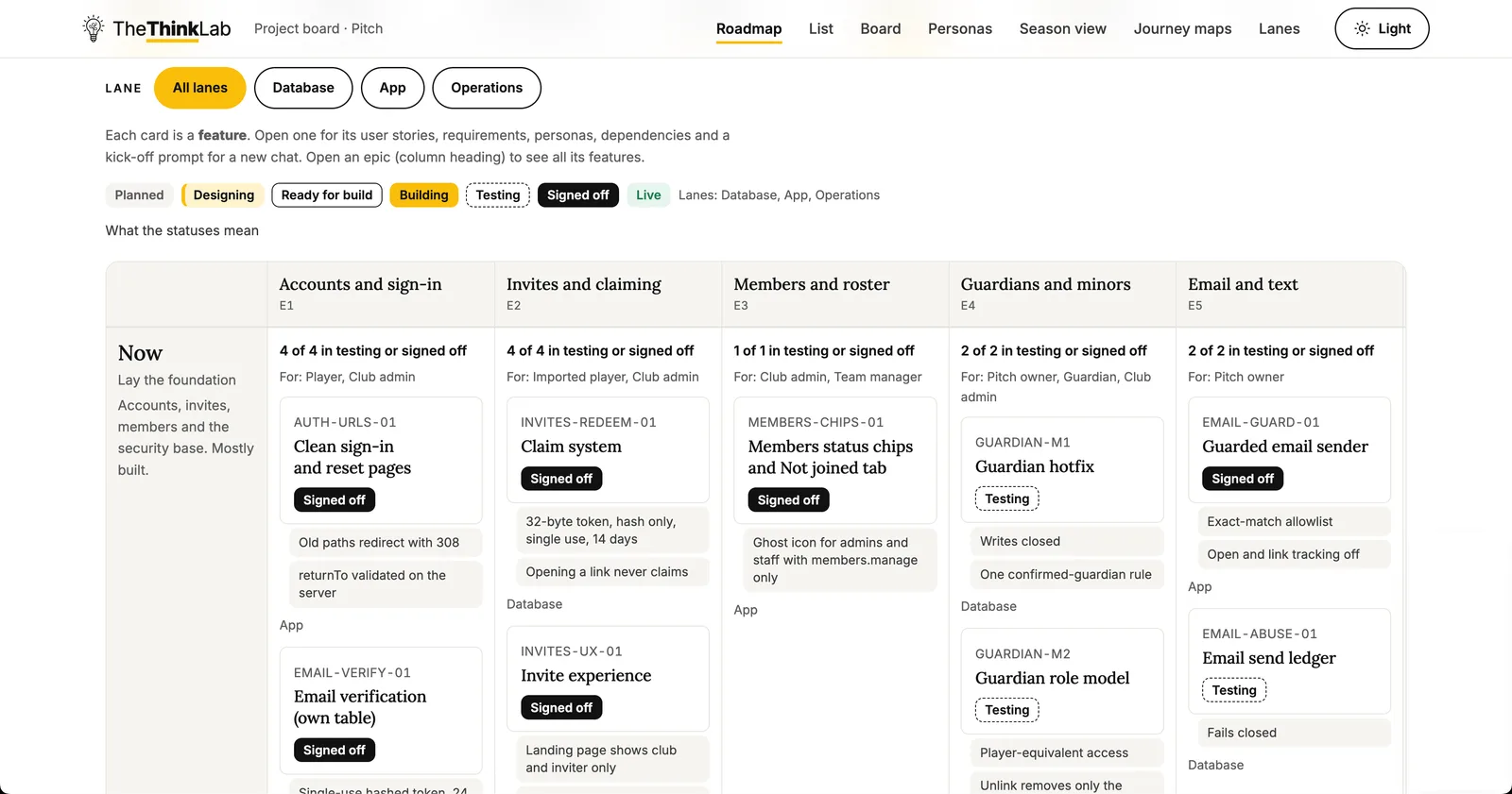 Roadmap: features grouped by epic, each with its status, from planned to signed off