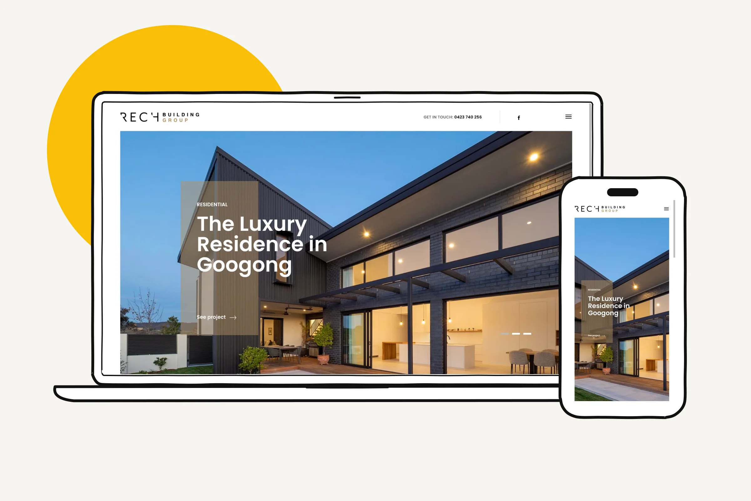 The Rech Building Group website on a laptop and a phone
