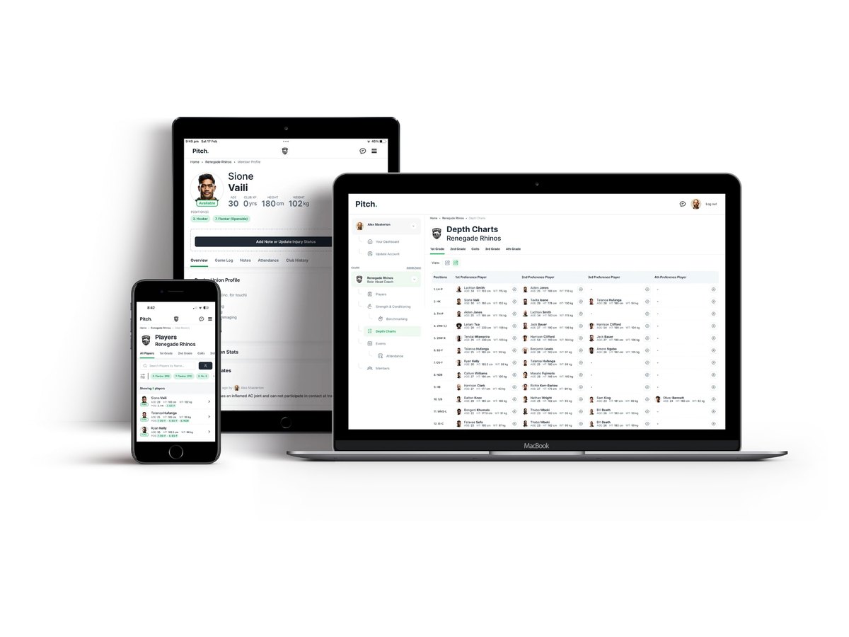 Pitch on a phone, tablet and laptop: players list, member profile and depth charts